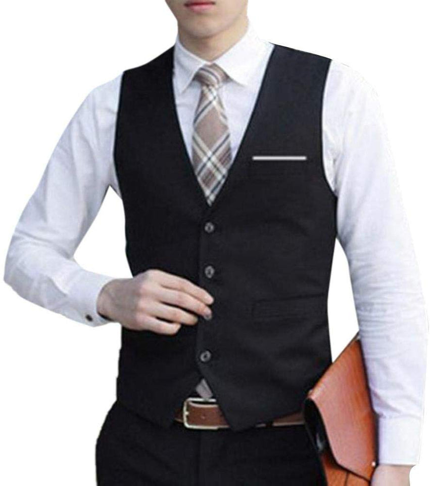 Chaleco del Color sólido de los Hombres, Chaleco Formal Delgado sin Mangas del algodón de un Solo Pecho (XL-Negro)