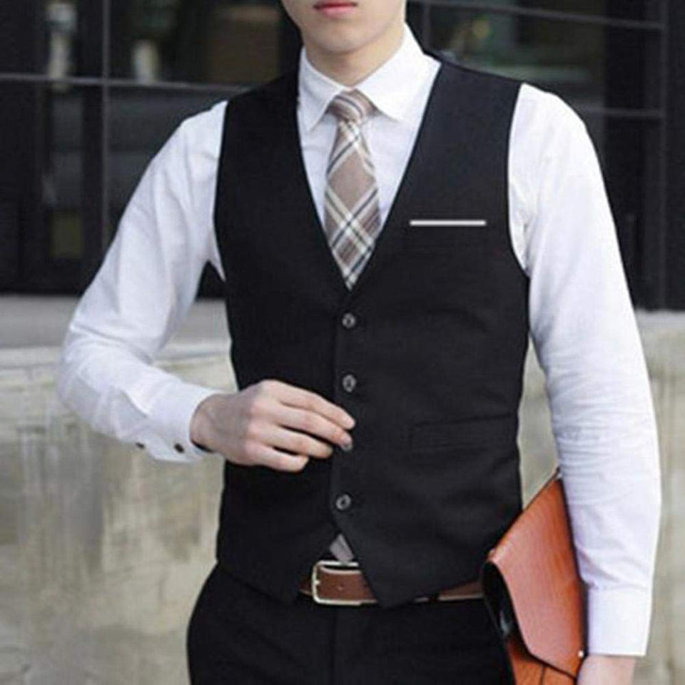 Chaleco del Color sólido de los Hombres, Chaleco Formal Delgado sin Mangas del algodón de un Solo Pecho (XL-Negro)