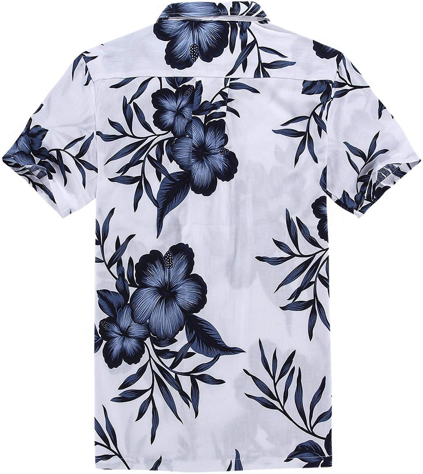 Hombres Aloha camisa hawaiana en Azul Marino Floral Blanco